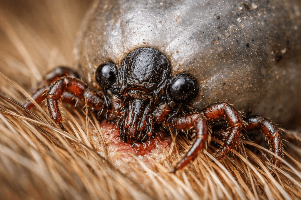 Detailed macro of engorged tick bite on dog fur showing embedded mouthparts and legs