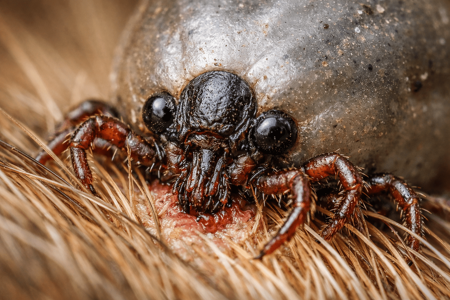 Detailed macro of engorged tick bite on dog fur showing embedded mouthparts and legs