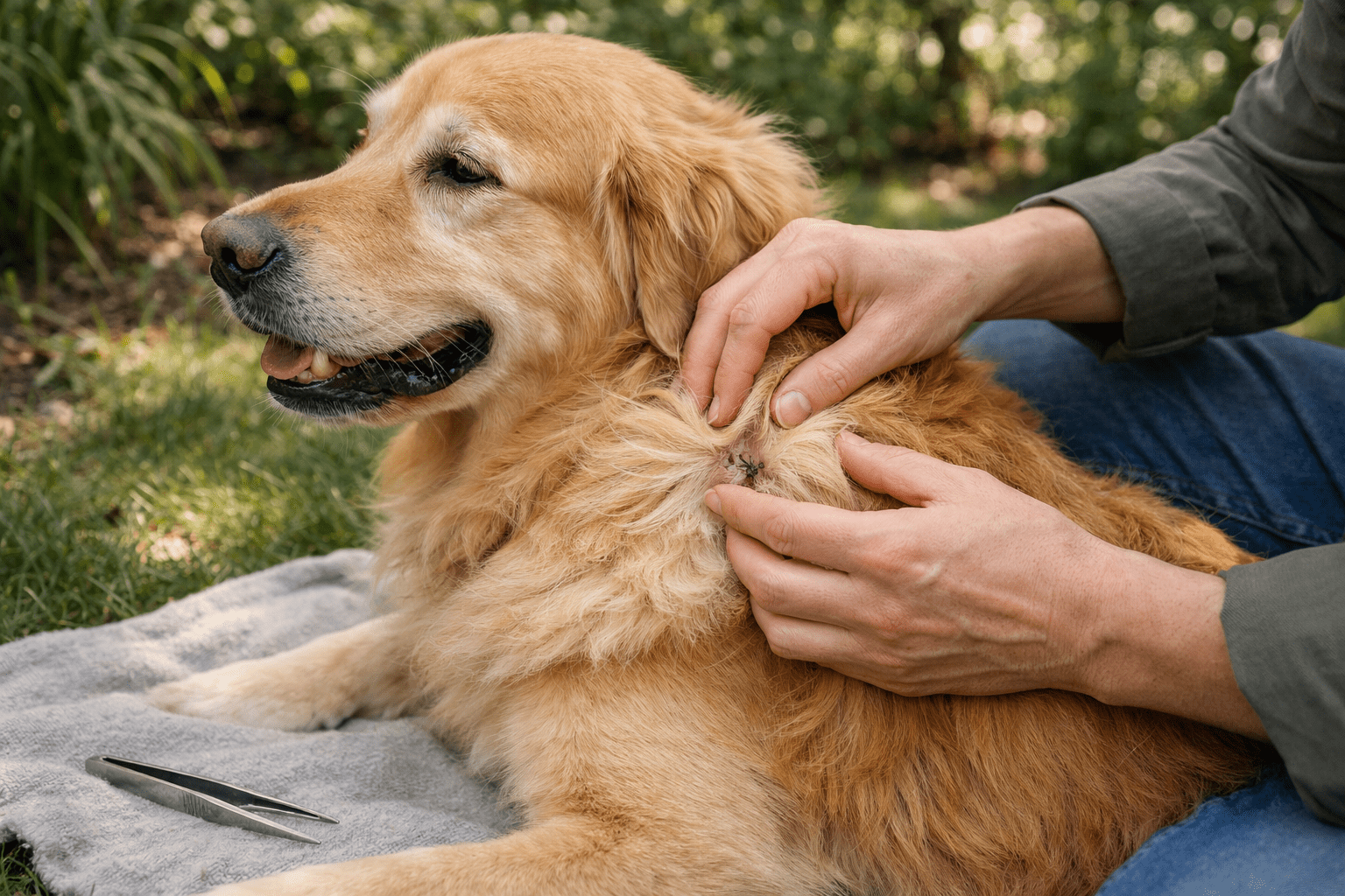 Dog owner inspecting dog's fur for tick bites in outdoor garden setting with tweezers