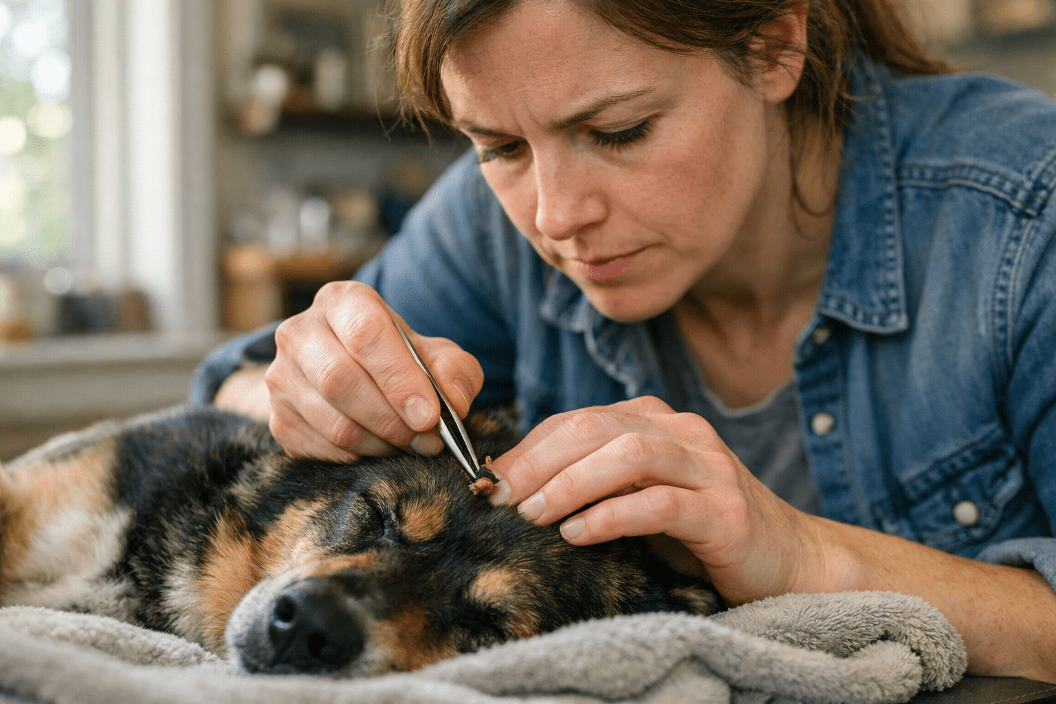 Person using tweezers to safely remove tick from dog during home tick removal procedure