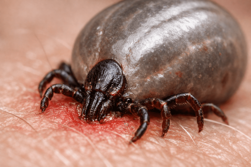 Engorged tick embedded in skin showing detailed anatomy and inflammation around tick bite