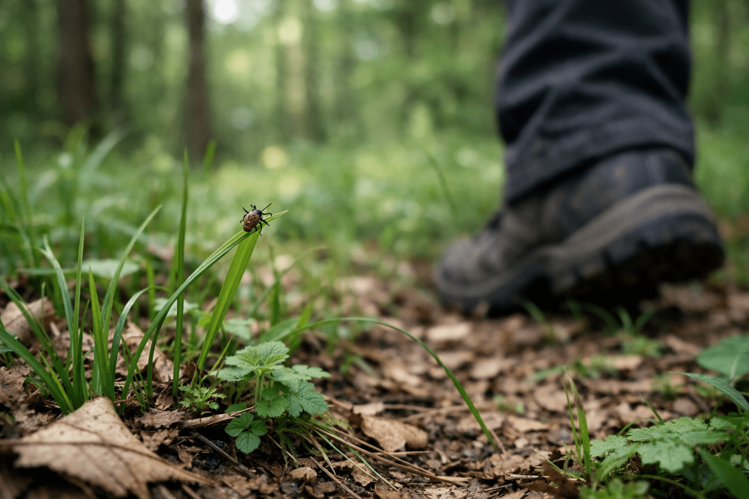 Tick on grass blade in forest habitat where tick-borne illness risks are highest
