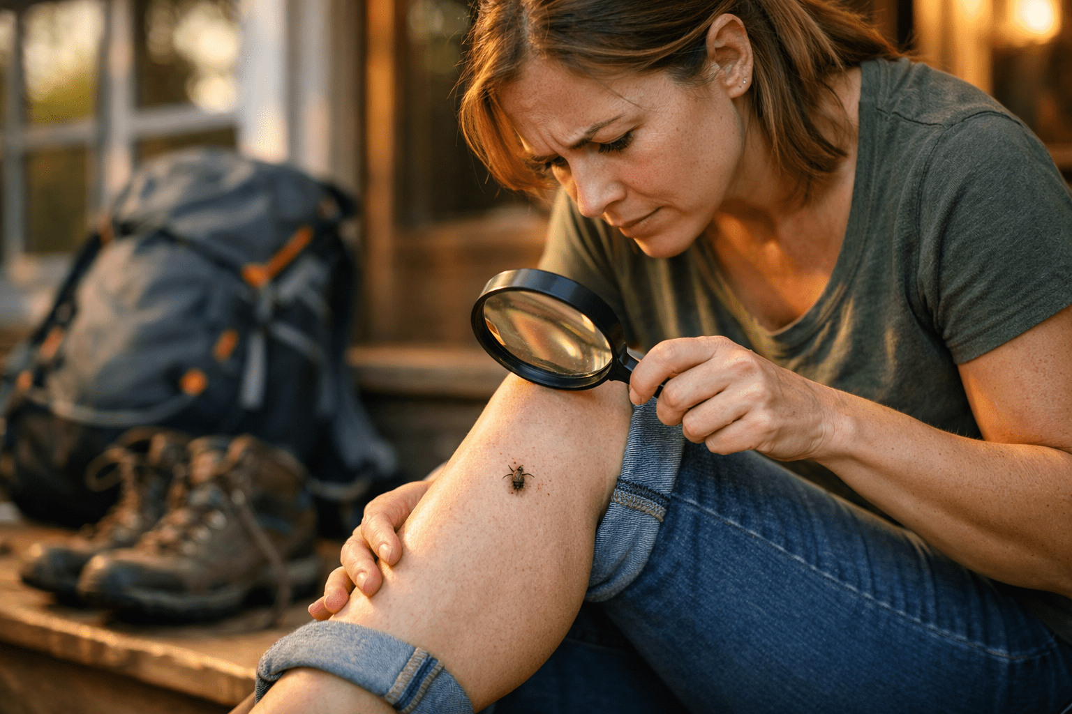 Woman inspecting leg with magnifying glass for tick bite symptoms after outdoor activity
