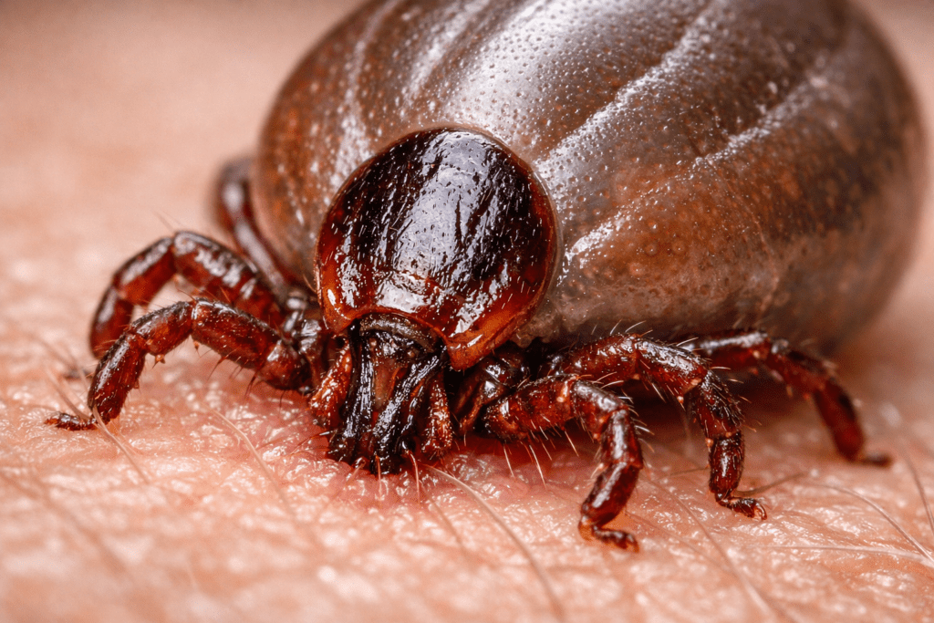 Detailed macro photograph of an engorged tick showing anatomy and disease transmission risk