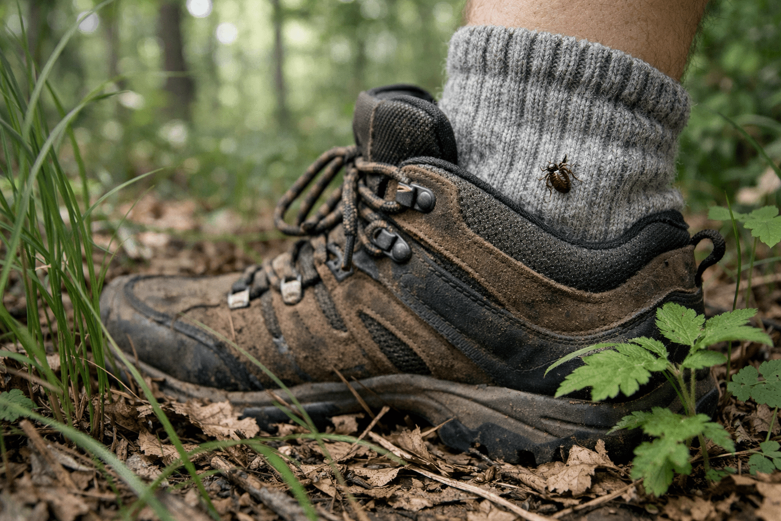 Forest floor with hiking boot showing tick habitat where Lyme disease and Rocky Mountain spotted fever ticks live