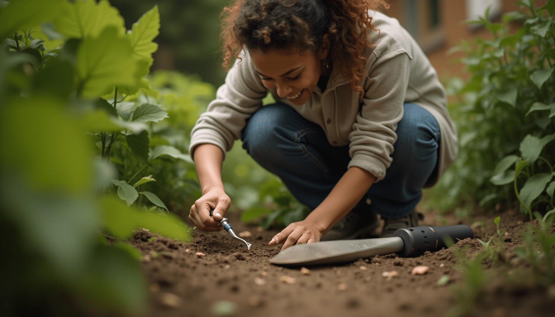 Gardener inspecting plants for ticks, showcasing practical measures for tick control.