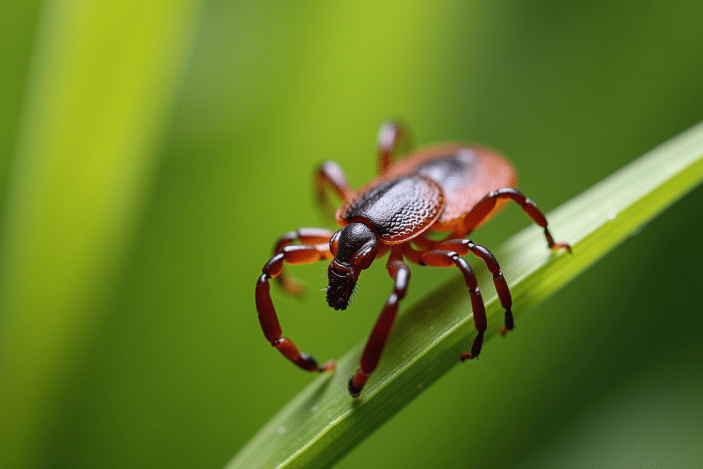 Macro shot of a tick on grass, showcasing its detailed body for tick prevention insights.