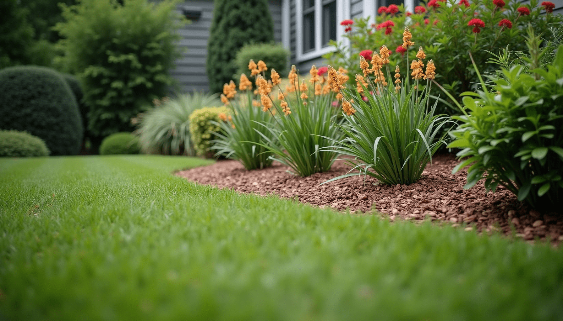 Yard designed for tick prevention, showing plants and barriers for a tick-proof environment.
