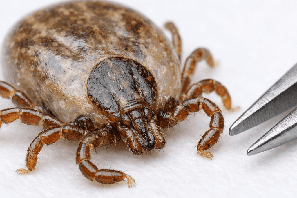 Macro photograph of tick removal specimen with tweezers for post-bite care protocol