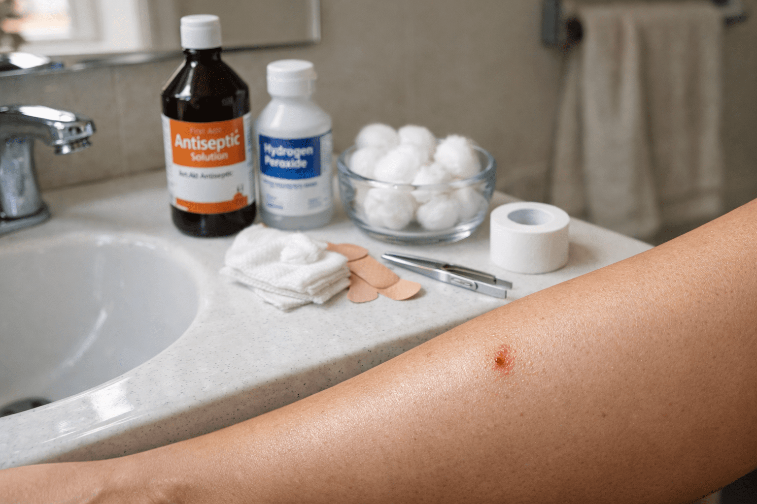 Tick bite mark on skin with first aid supplies for post-removal care protocol