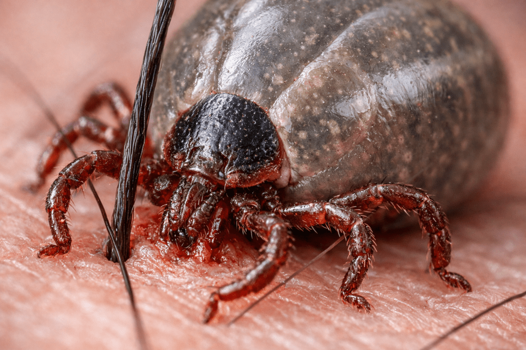 Macro photograph of an engorged tick on human skin showing detailed anatomy during peak tick season