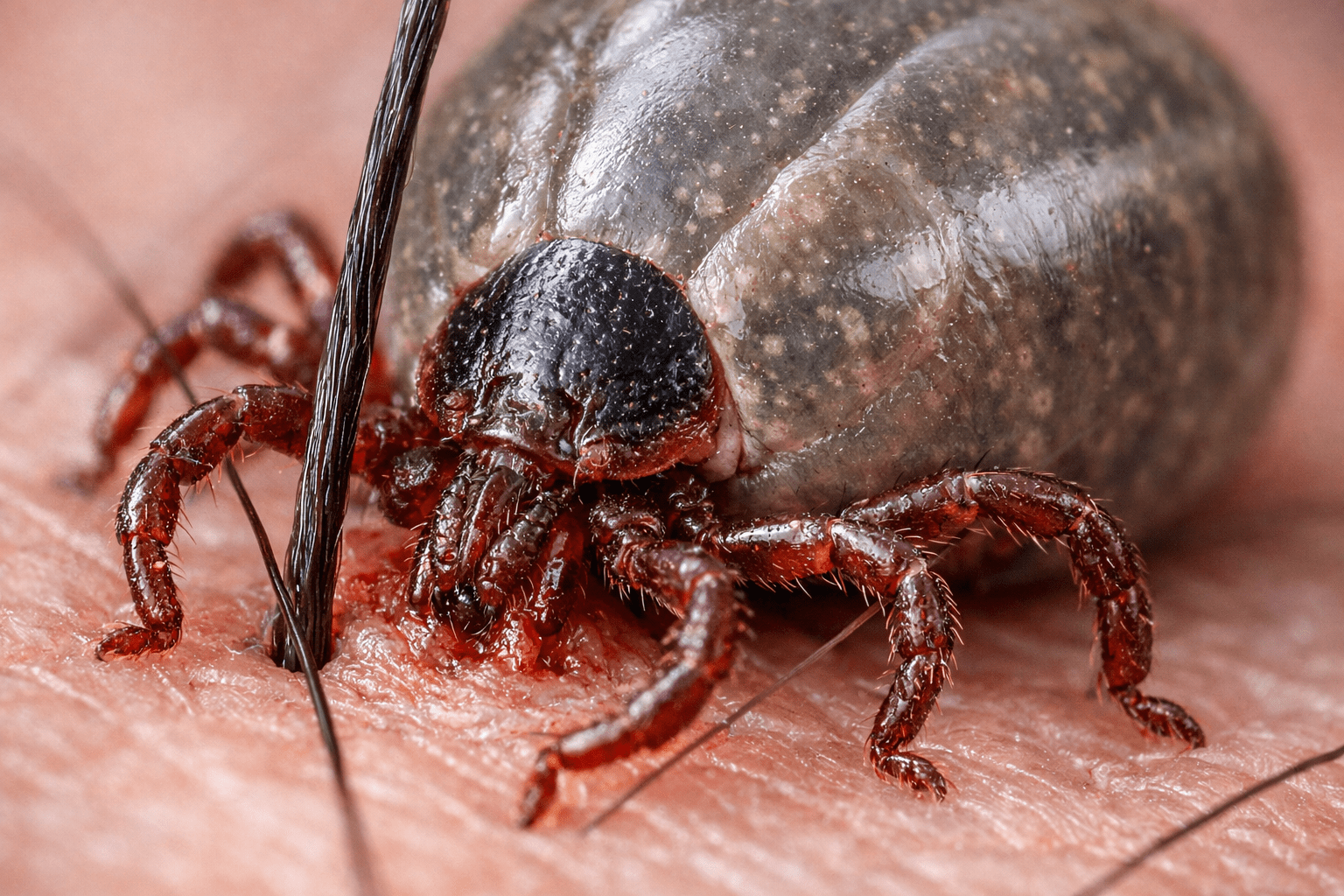 Macro photograph of an engorged tick on human skin showing detailed anatomy during peak tick season