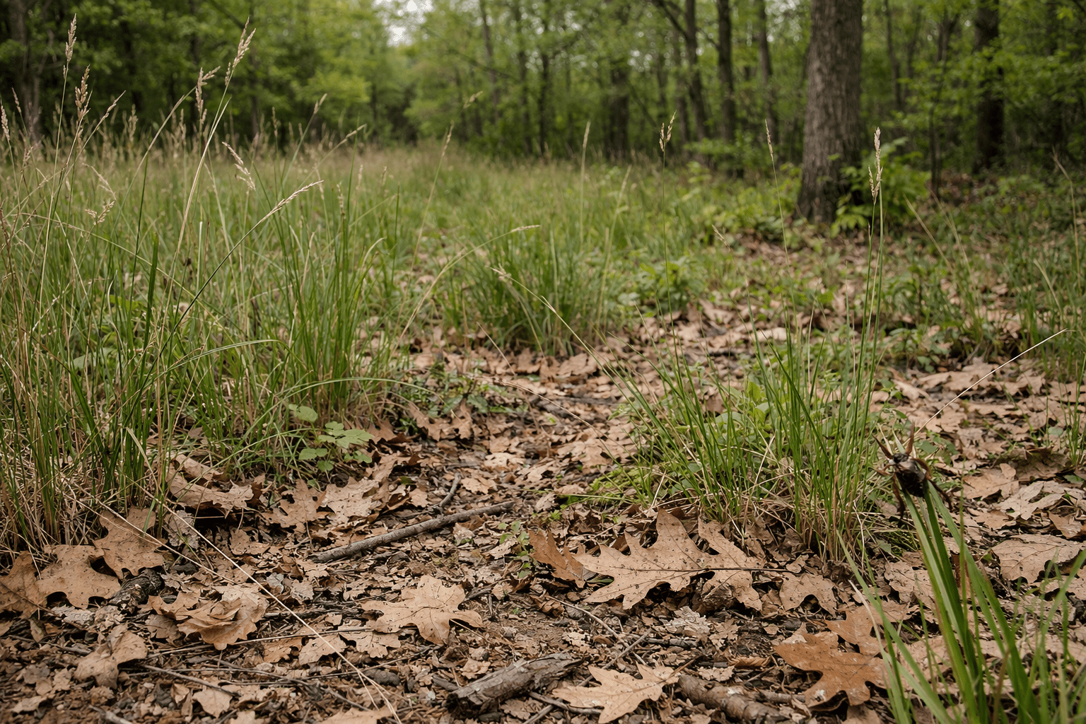 Wooded grass and leaf litter habitat where ticks are most active during spring and fall seasons