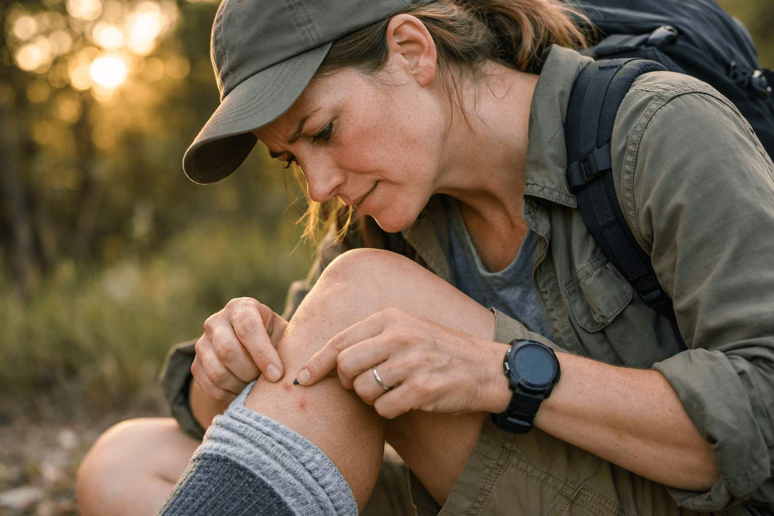 Person checking their leg for ticks after outdoor activity during peak tick season months