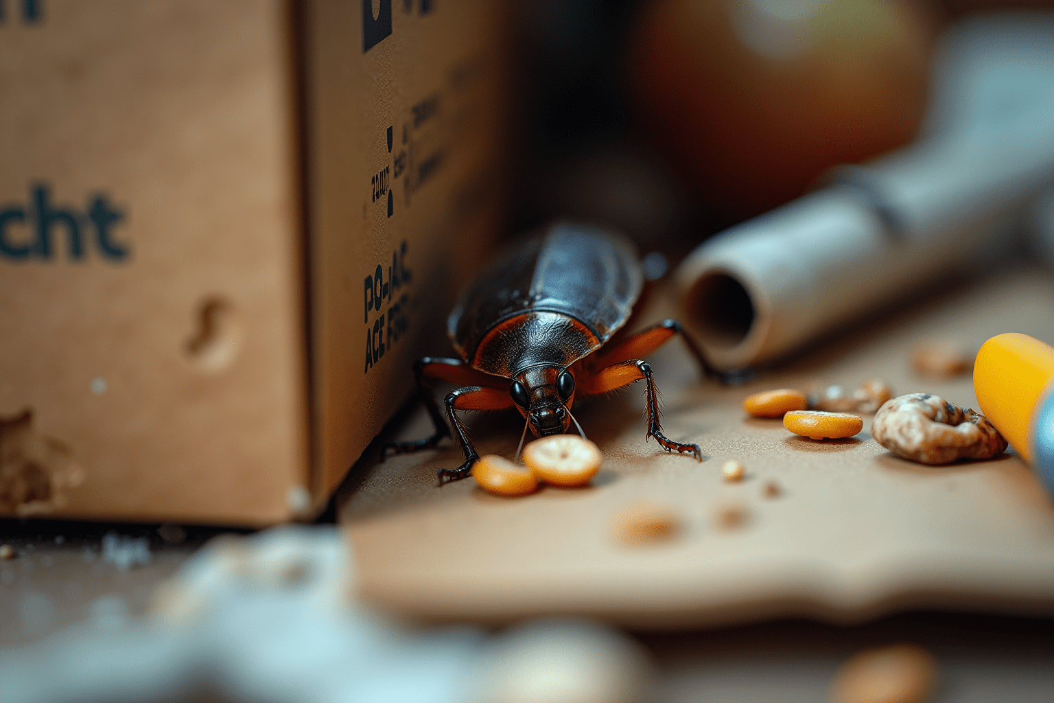 American cockroach in a kitchen environment, highlighting its habitat for identification.
