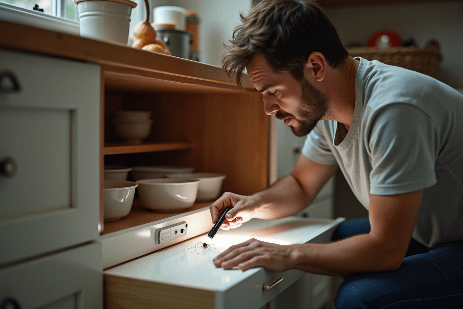 Person inspecting kitchen for cockroaches, illustrating practical identification methods.