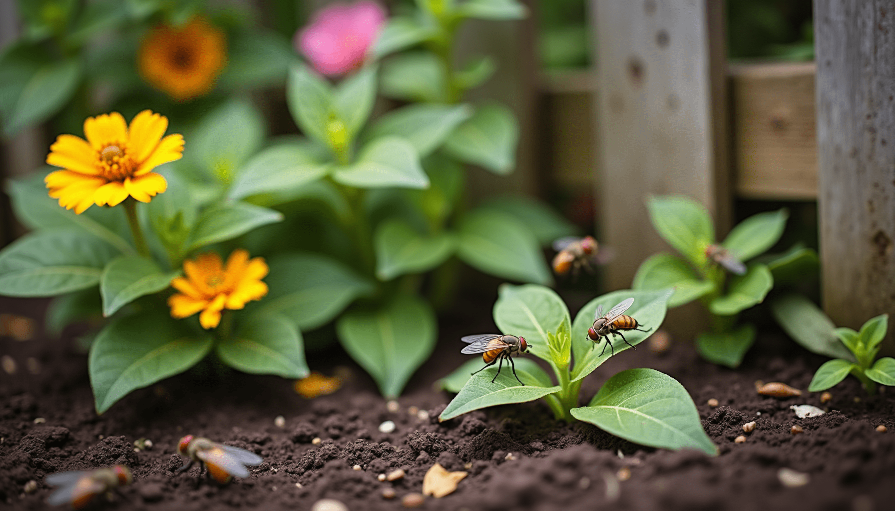 Garden scene showing types of flies in their natural habitat for identification purposes.