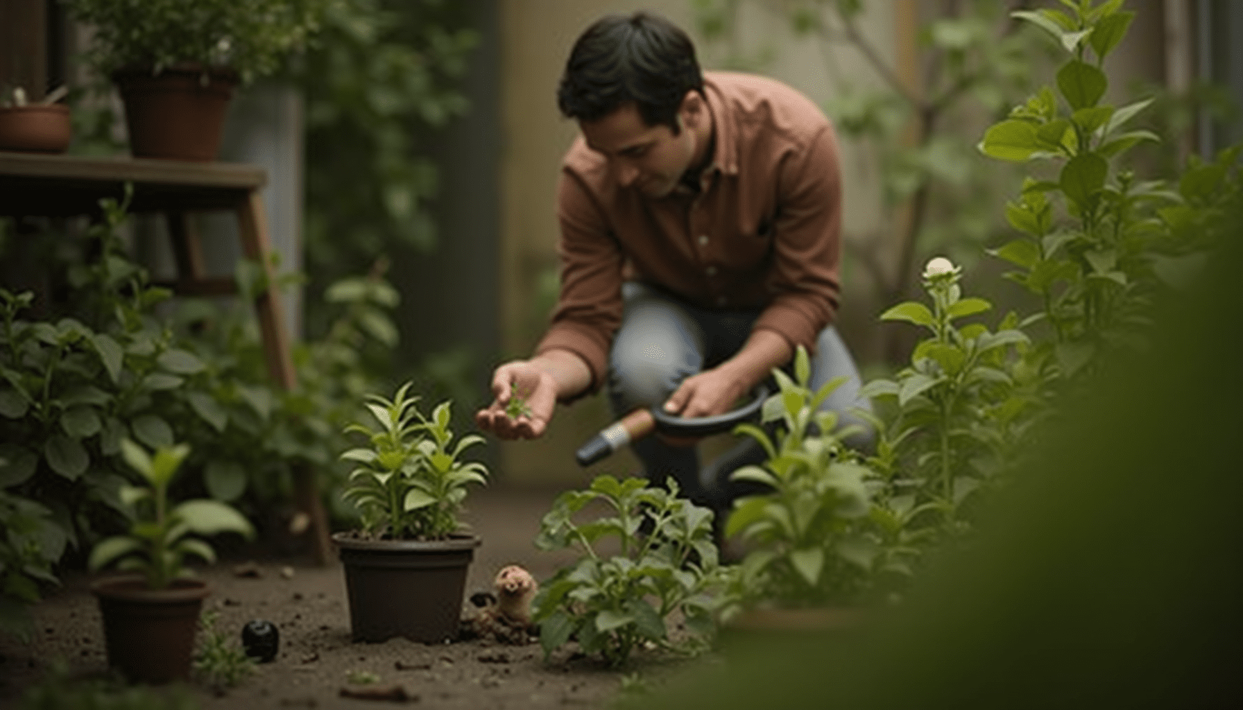 Person inspecting plants for types of flies, illustrating practical fly identification methods.