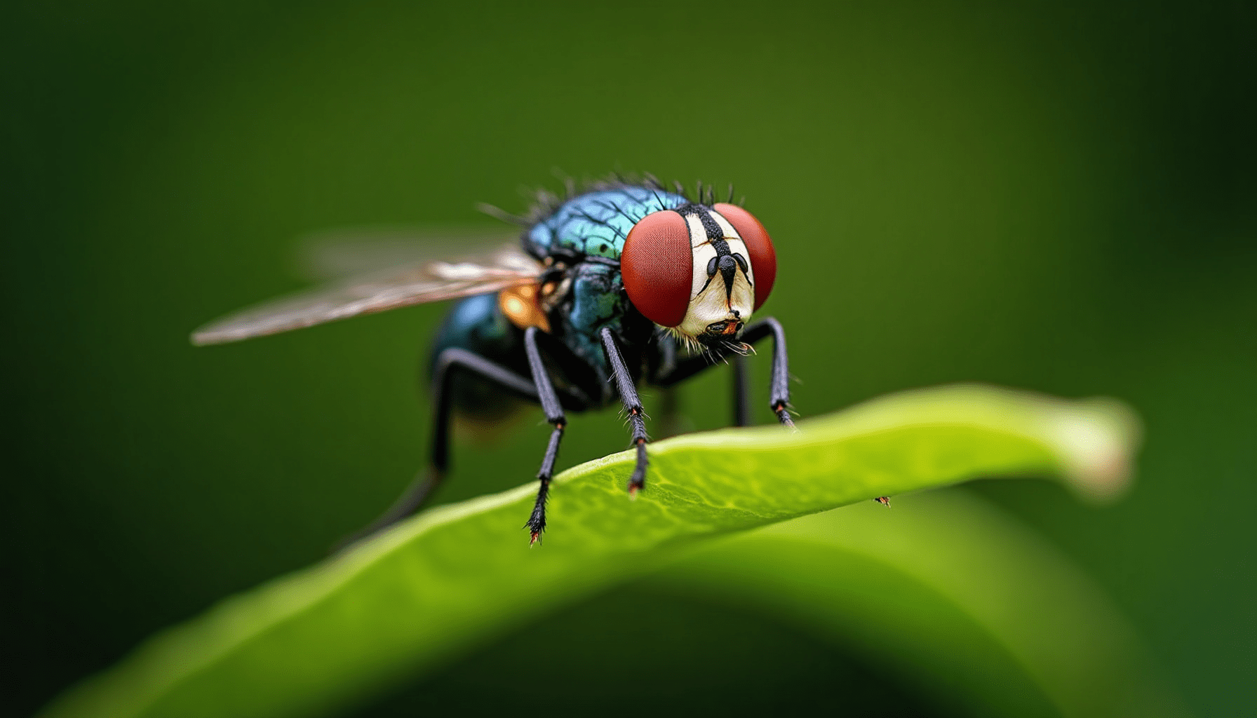 Detailed close-up of a housefly on a leaf, highlighting types of flies for identification.