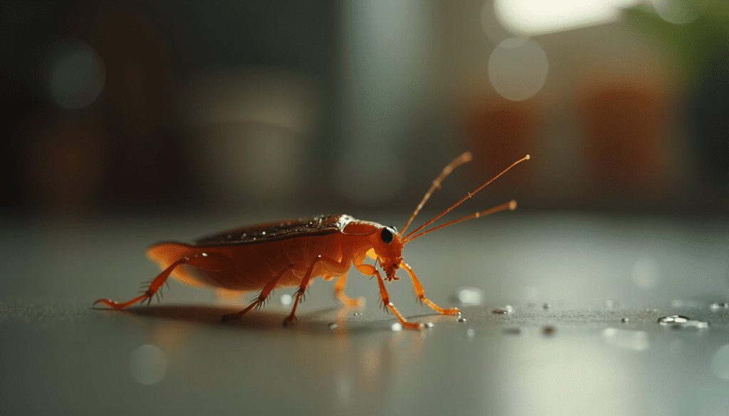 Close-up of a cockroach on a kitchen surface, highlighting details and textures.