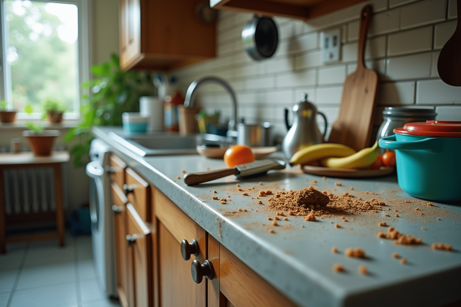 Kitchen scene displaying attractants for cockroaches, such as food and water sources.