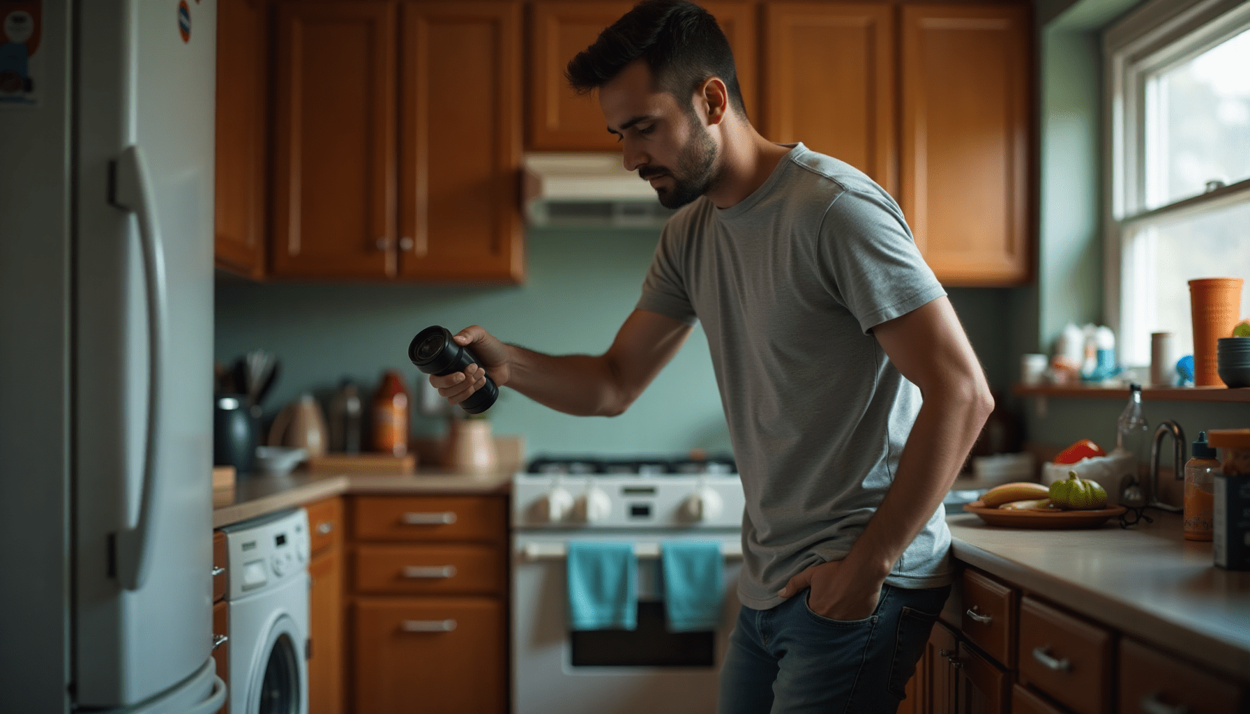 Person inspecting a kitchen for cockroaches, showcasing realistic pest control efforts.