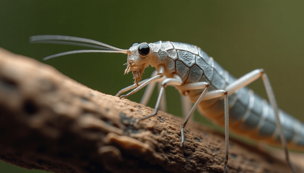 Detailed macro photo of a silverfish on damp, textured wood, showcasing its shimmering scales and antennae, illustrating what attracts silverfish.