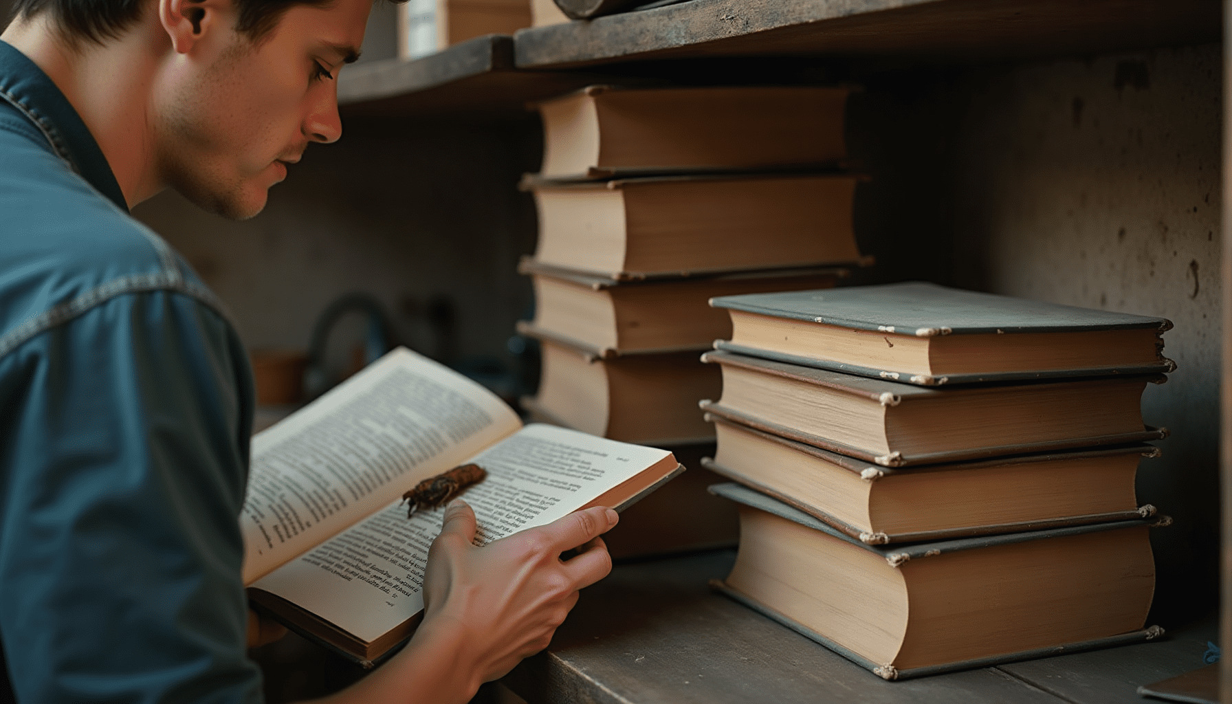 A person inspecting old books on a dusty shelf for silverfish damage, demonstrating practical silverfish control and prevention.