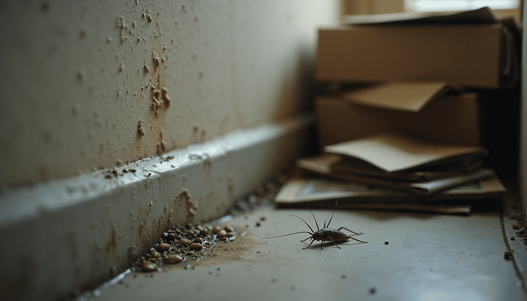 A medium-wide shot of a damp, cluttered basement corner with old boxes and papers, representing a typical silverfish habitat.