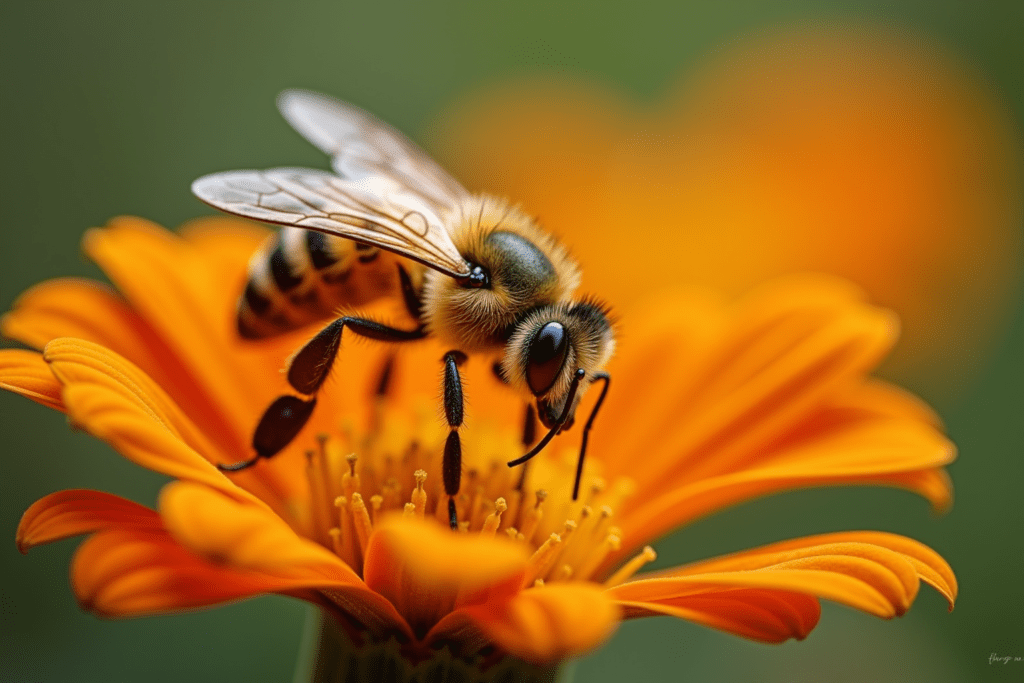 Close-up of a honeybee on a flower, highlighting bee details and vibrant colors.