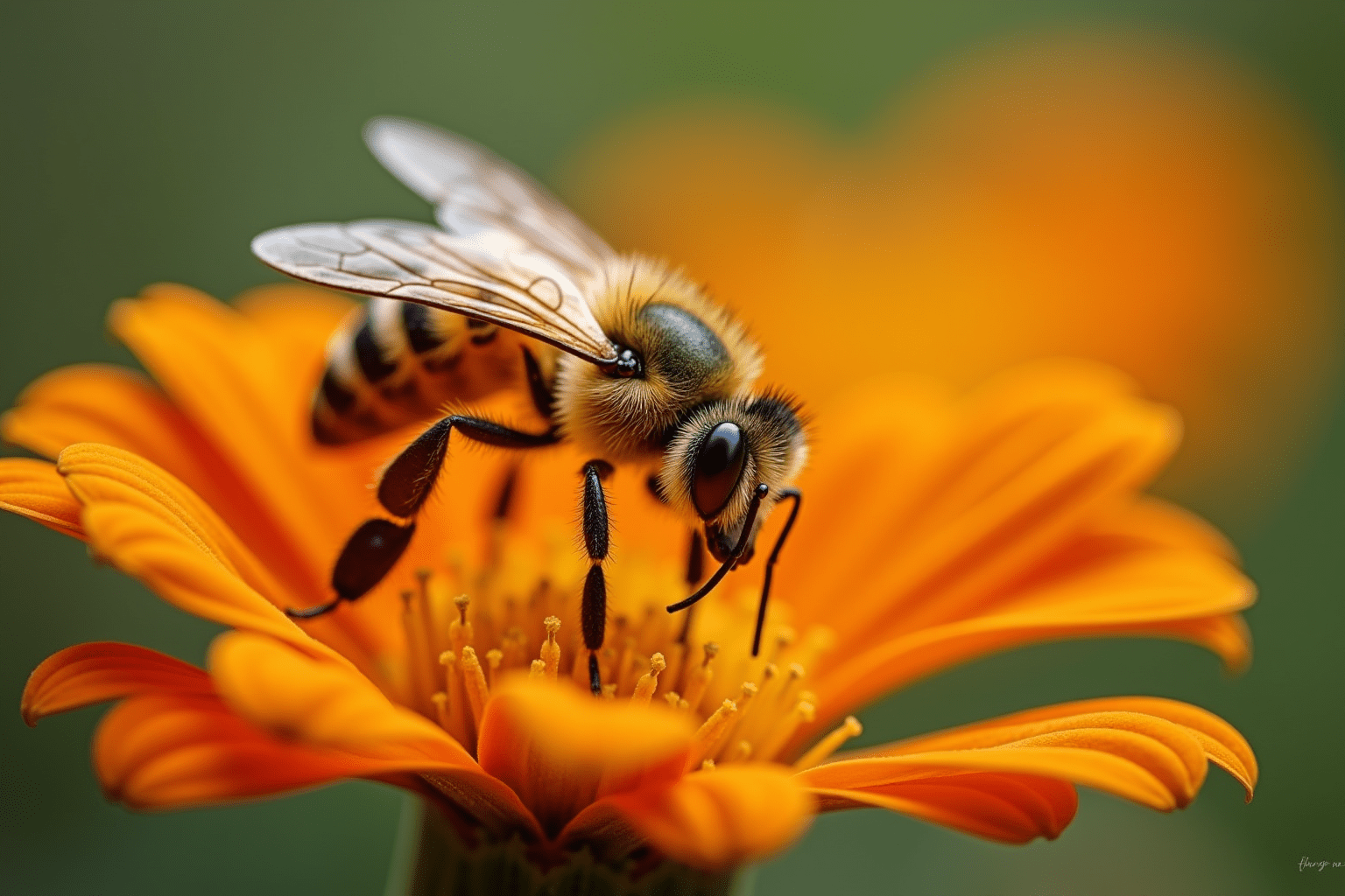 Close-up of a honeybee on a flower, highlighting bee details and vibrant colors.