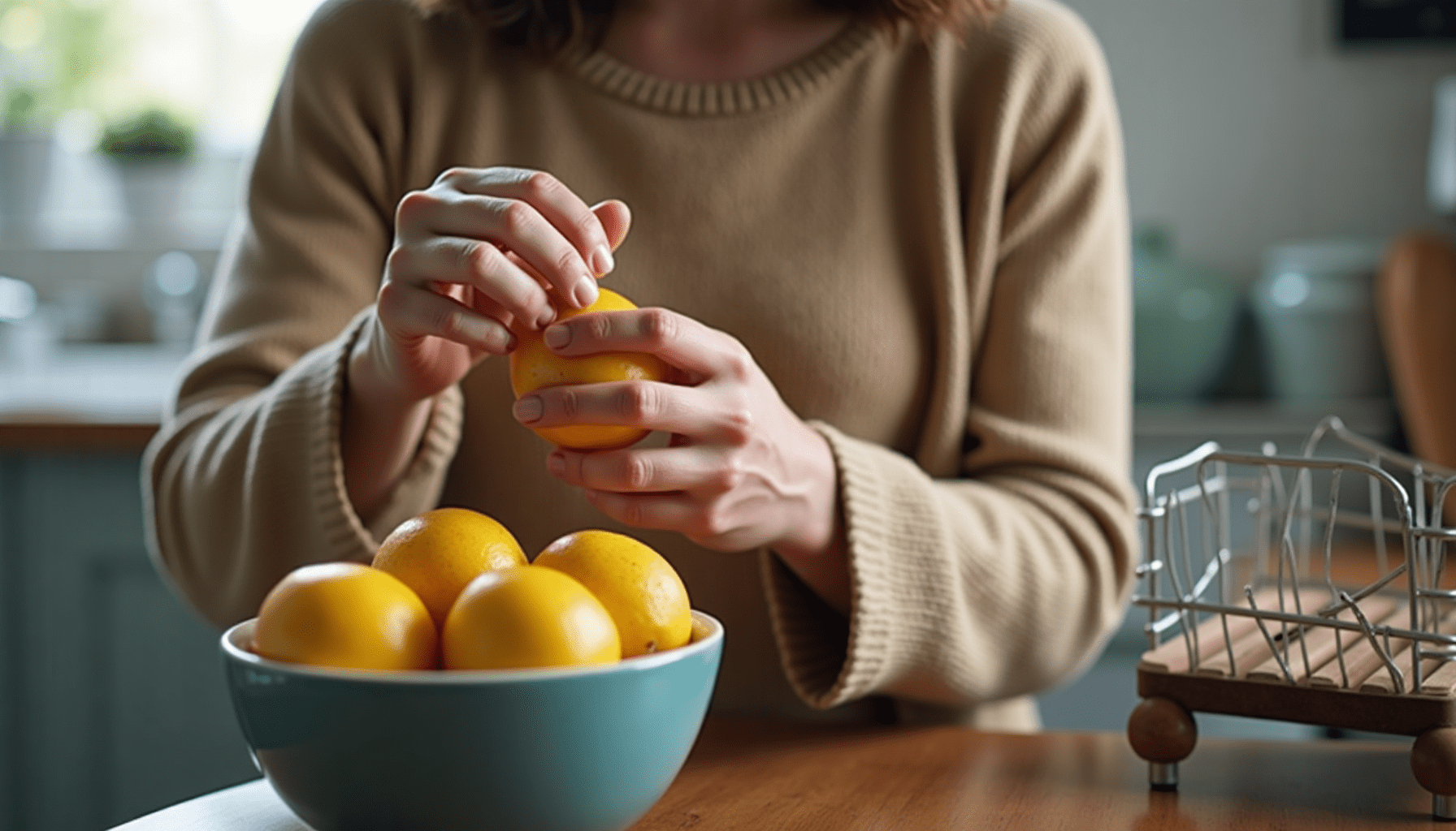 Person inspecting fruit for fruit flies in a casual kitchen setting.