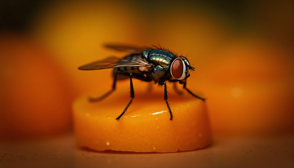 Close-up of a fruit fly on fruit, highlighting its details and natural habitat.