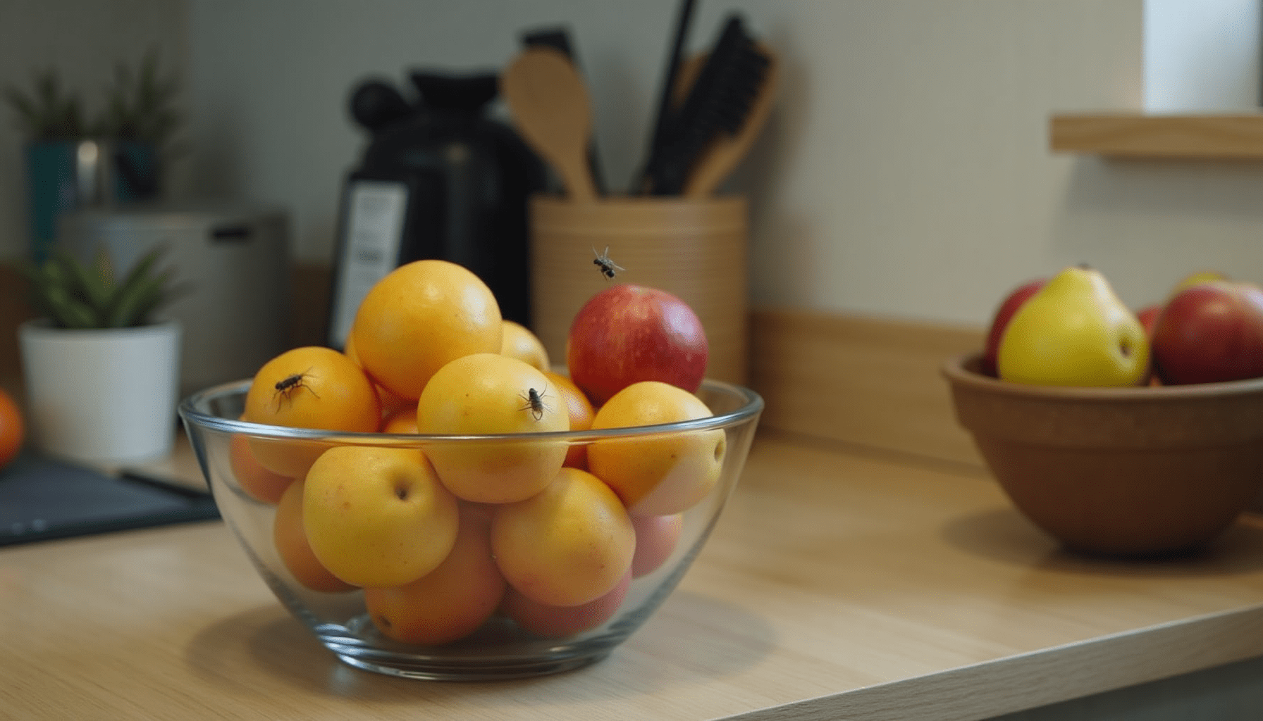 Kitchen scene with fruit and signs of fruit fly activity.