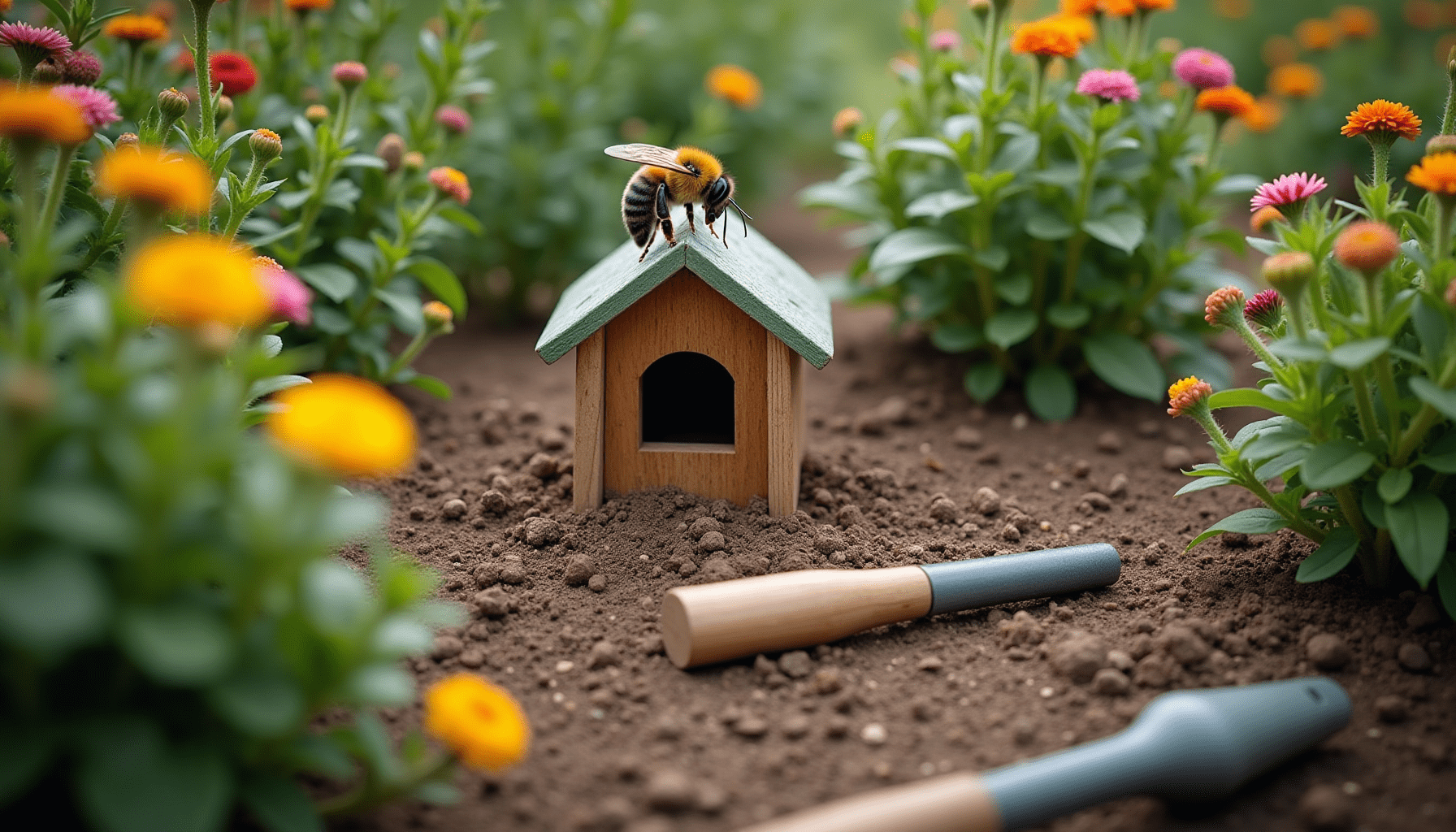 A vibrant garden scene with diverse flowers providing habitat for endangered bees.