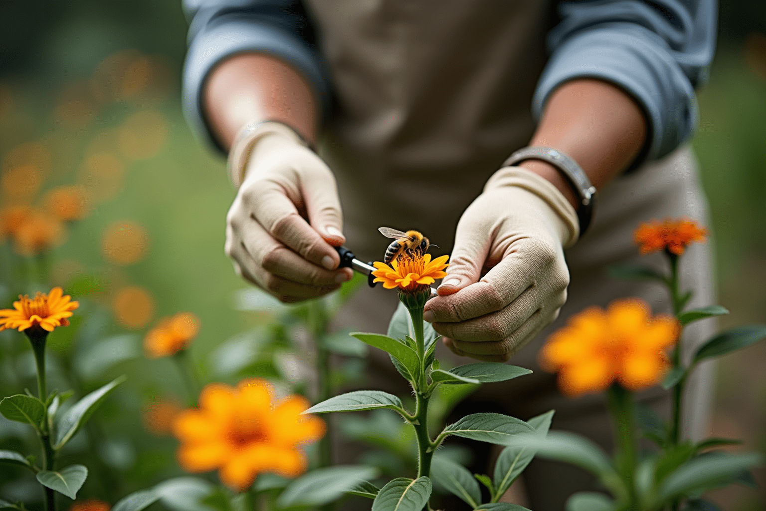 A person inspecting plants in their garden to help endangered bees and promote bee conservation.