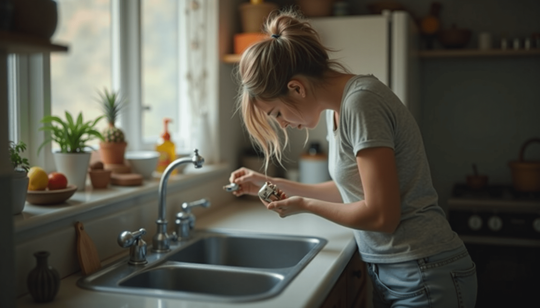 Person inspecting a kitchen sink for fly sources in a realistic home environment.