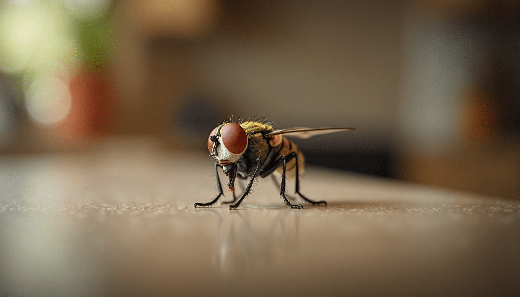 Macro shot of a house fly revealing intricate details and textures in a kitchen setting.