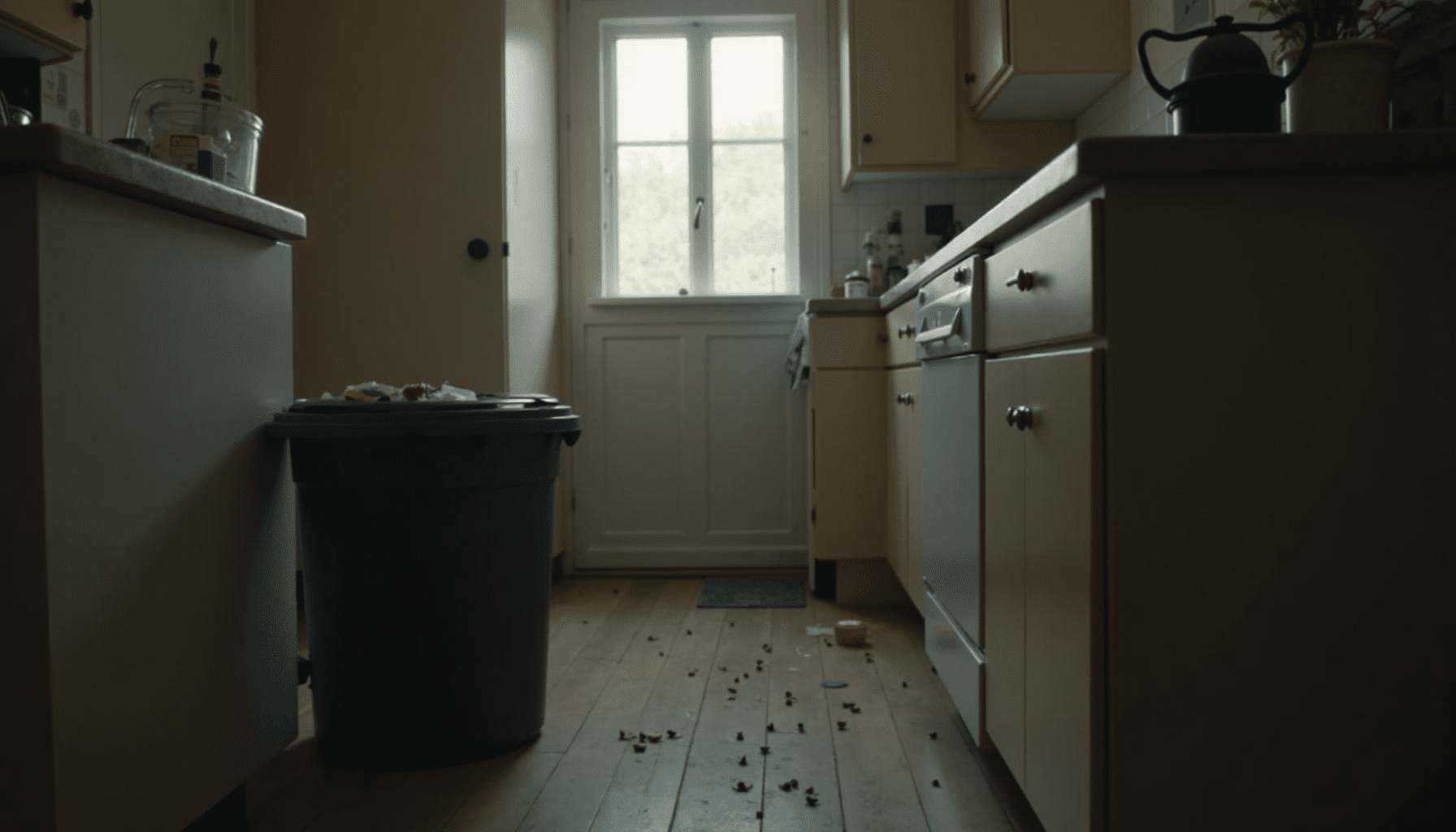Cluttered kitchen showing signs of fly infestation with trash and food remnants.