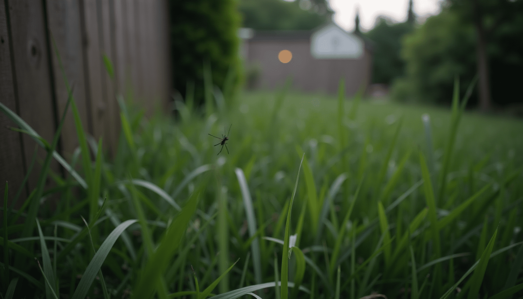Garden scene at dusk, showing typical cricket habitat among tall grass and plants, highlighting where cricket sounds originate.