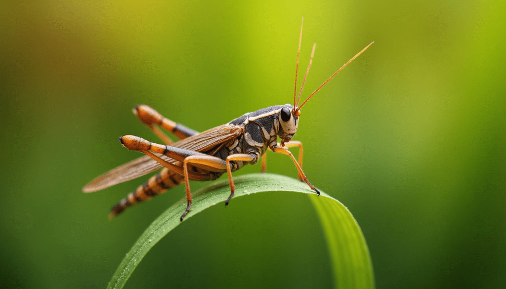 Detailed macro shot of a male field cricket stridulating on a dewy grass blade, showcasing cricket chirping science.