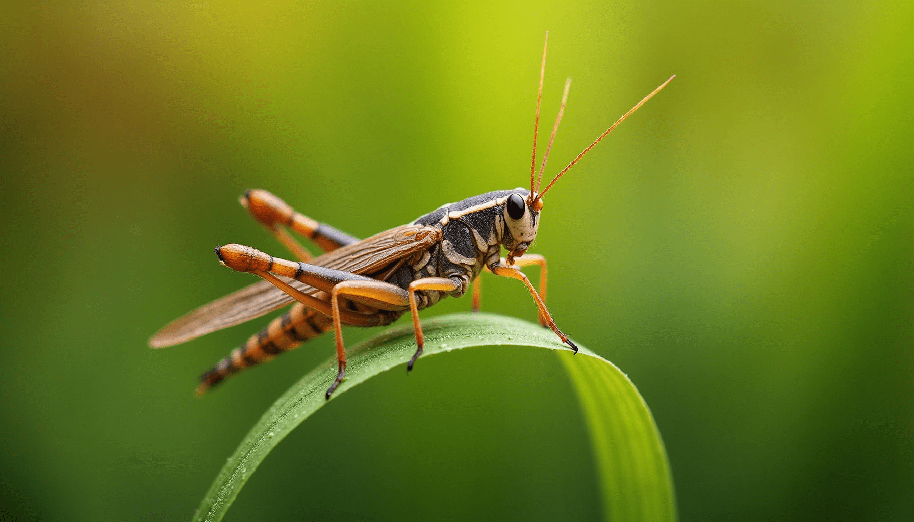 Detailed macro shot of a male field cricket stridulating on a dewy grass blade, showcasing cricket chirping science.