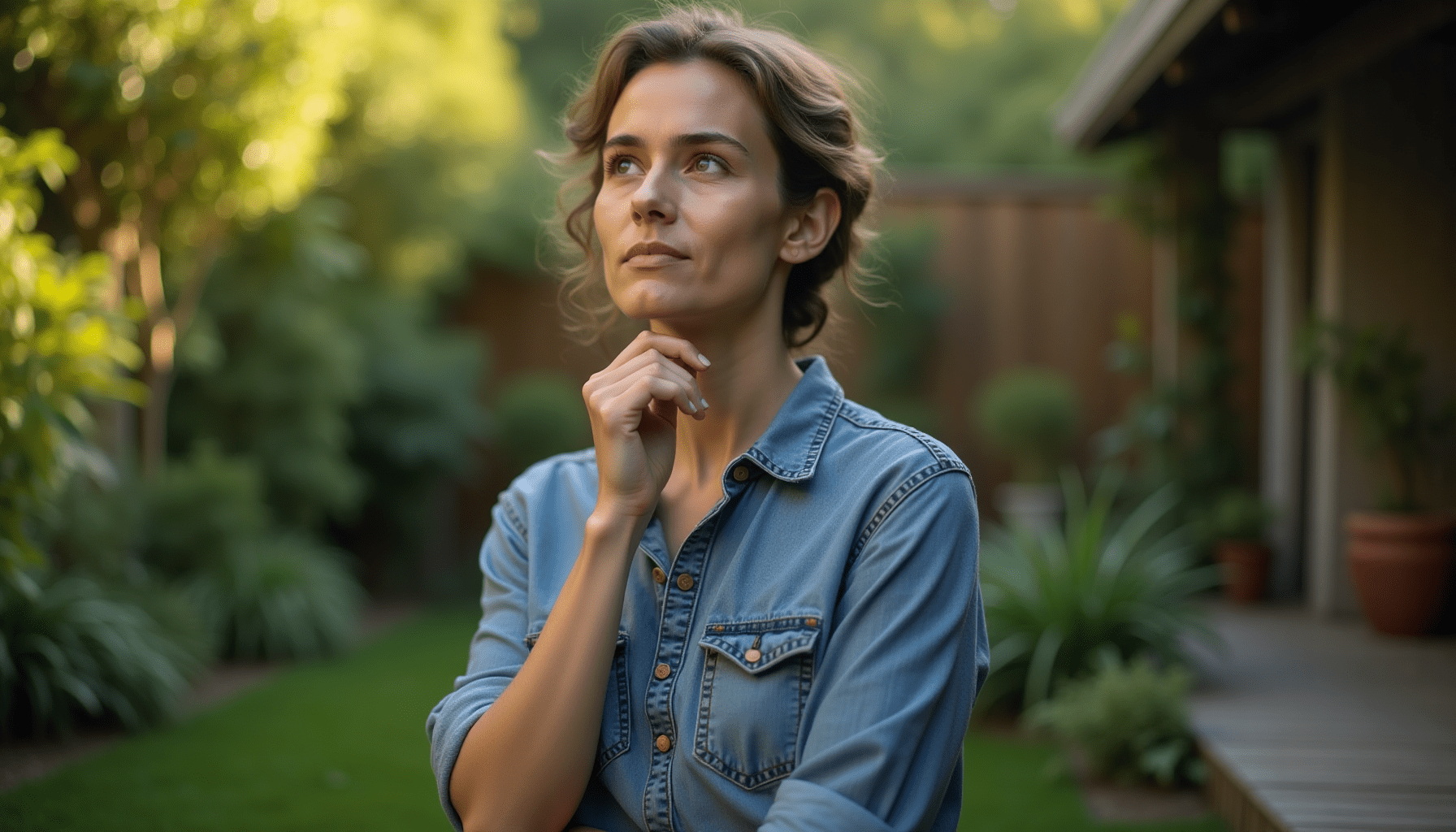Person in a garden, head tilted, listening intently to cricket sounds, observing nature and cricket communication.