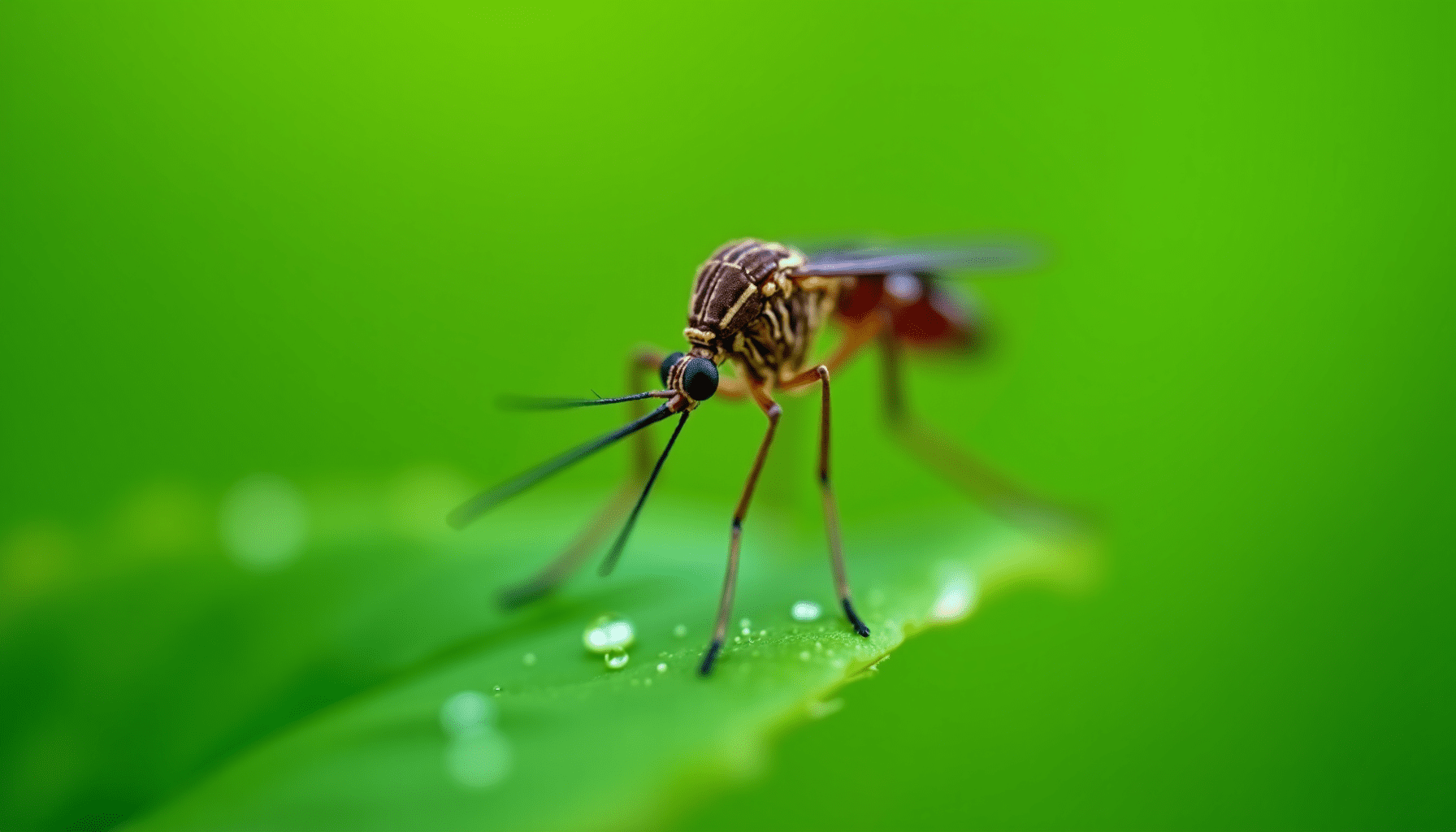Extreme macro shot of a mosquito on a dewy green leaf, showcasing intricate details related to why insect bites itch.