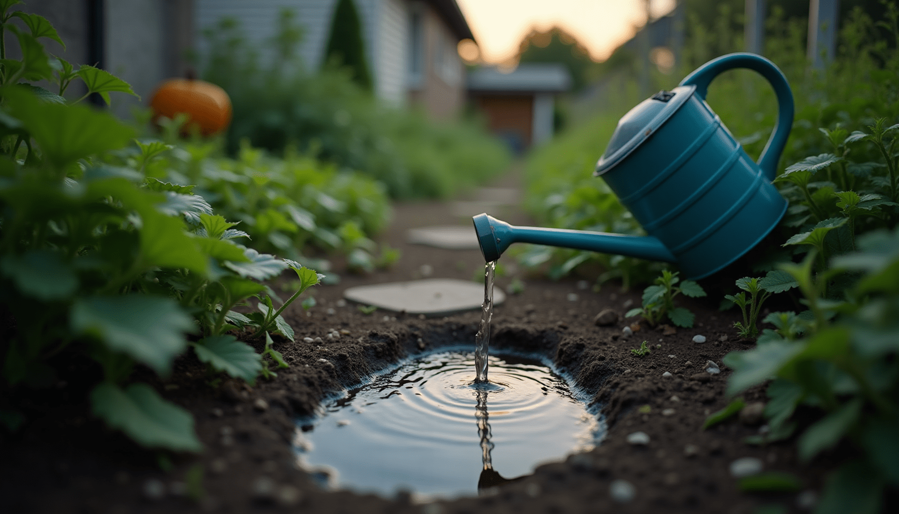 A humid backyard garden scene with lush foliage and standing water, a common habitat for insects that cause itchy bug bites.
