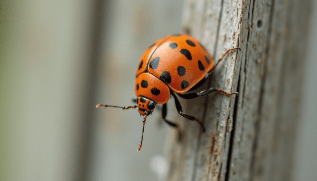 Dramatic macro shot of a vibrant lady beetle on a weathered window frame, a common cold weather bug seeking shelter.