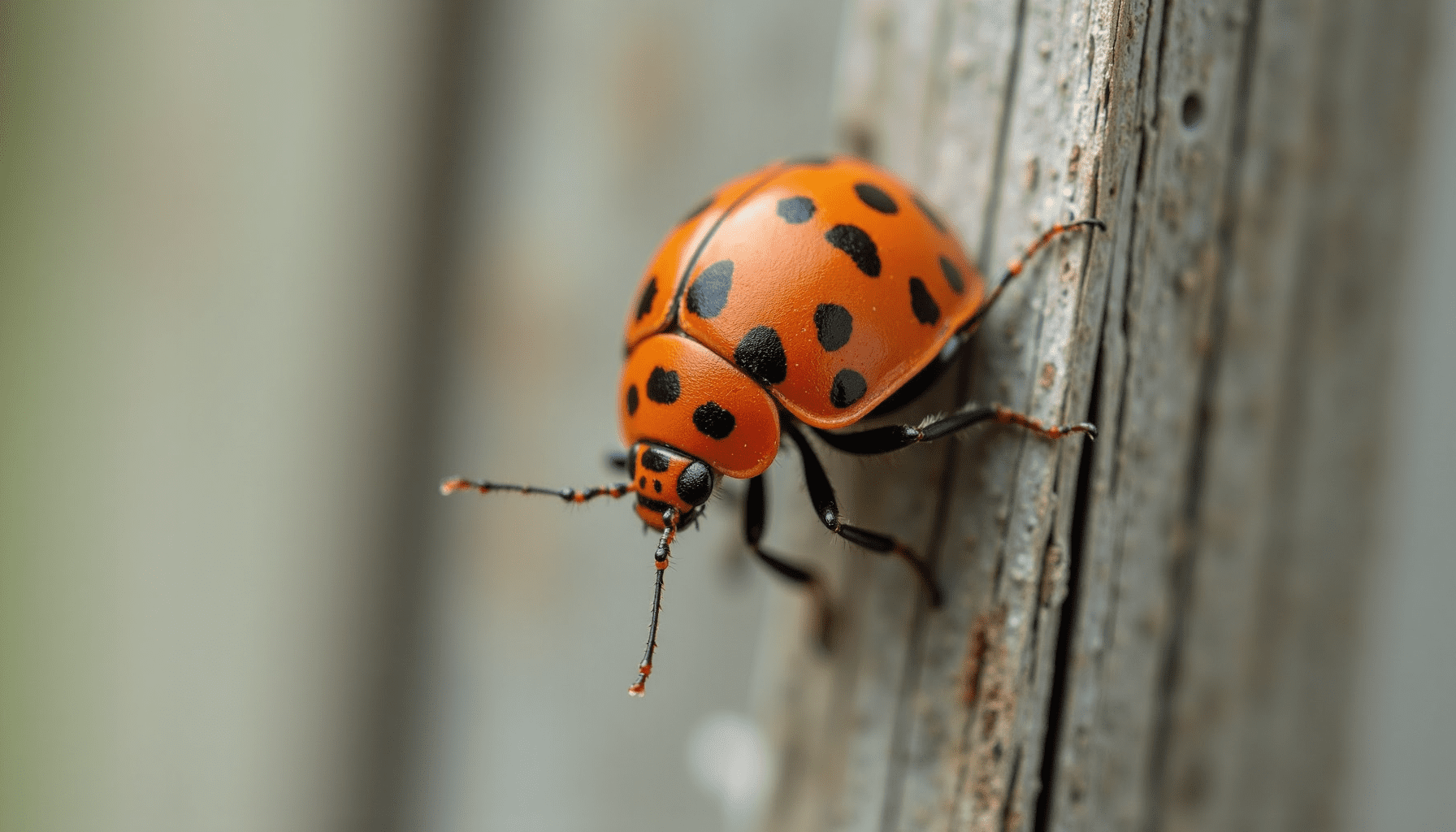 Dramatic macro shot of a vibrant lady beetle on a weathered window frame, a common cold weather bug seeking shelter.