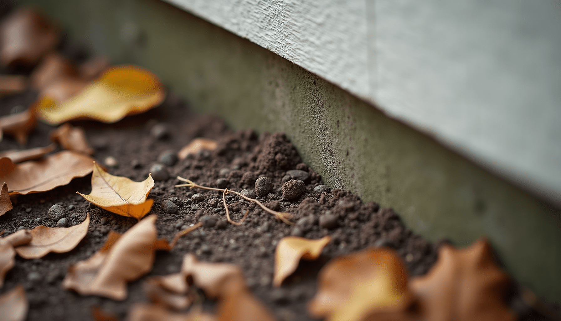 House foundation with dry leaves and a crack, showing potential entry points for cold weather bugs and indoor insect invasion.