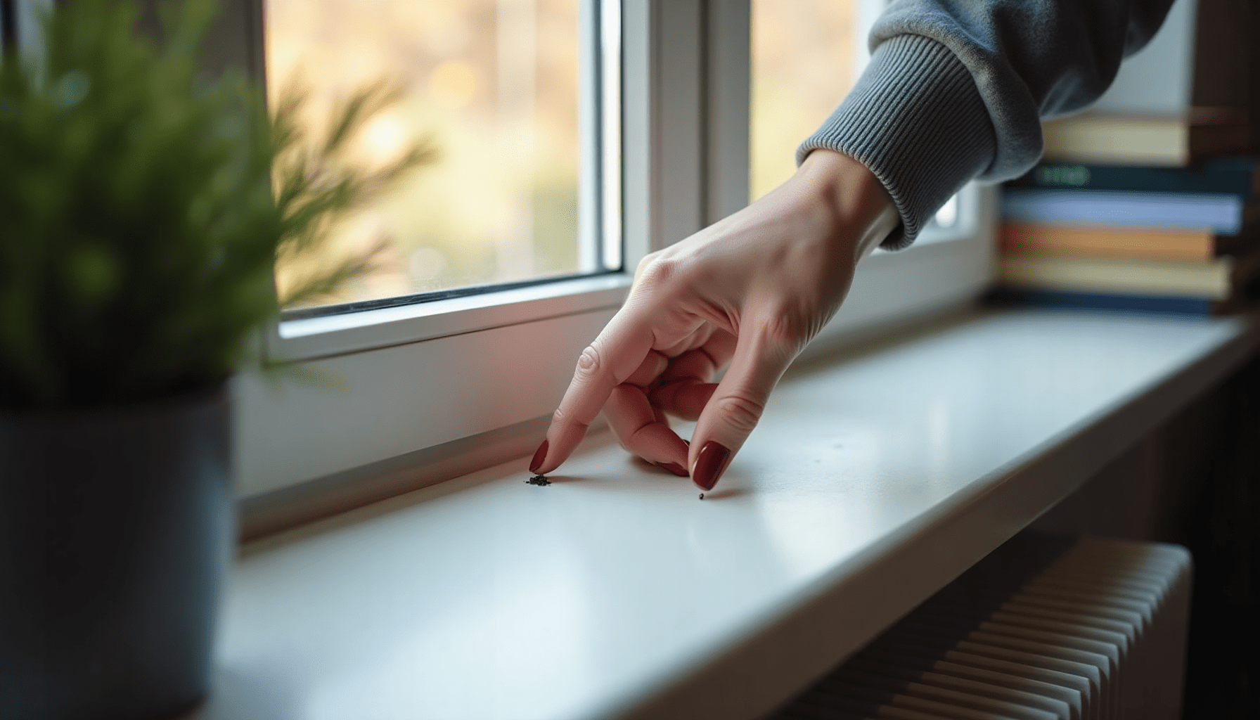 A person's hands inspecting an indoor window sill for signs of cold weather bugs, demonstrating winter pest control.