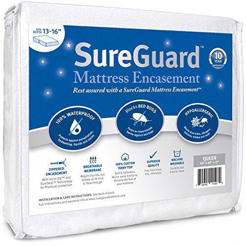 Six-sided zippered bed bug proof mattress encasement on a queen mattress